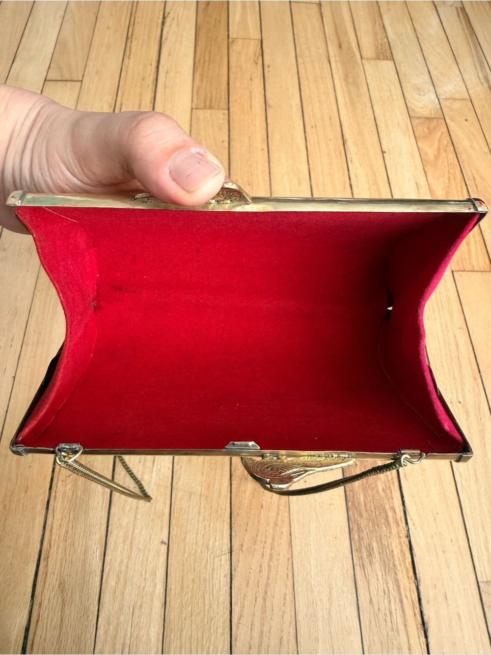 Vintage Embossed Metal/Brass Purse clutch with Red Velvet Interior - Picture 12 of 13